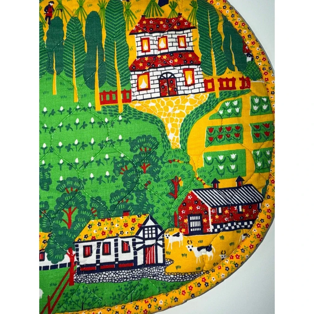 Farm Folk Art Quilted Placemats Green Yellow‎ Set of 4 Cottagecore Farmer Calico